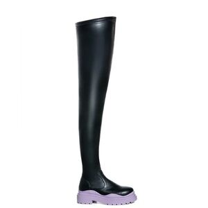 AZALEA WANG Black & Periwinkle Purple Thigh High Stretch Boots